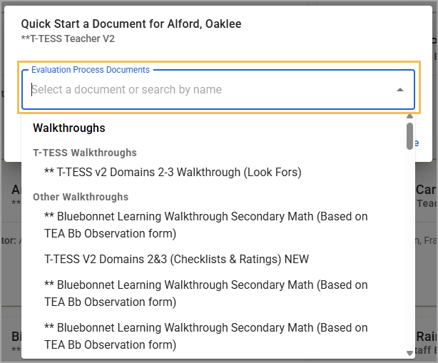 Document selection interface for the staff member's assigned evaluation process.